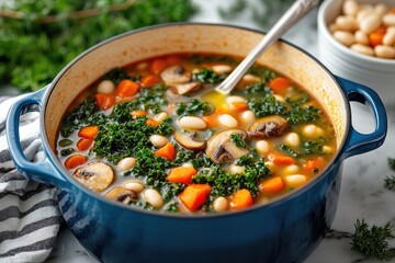 Sticker - Christmas white bean soup with kale and mushrooms simmering in blue pot