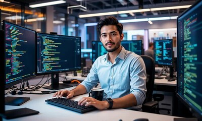 Focused Programmer Working on Computer in Modern Office