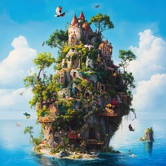 Wall Mural - Enchanted Island Castle: A Whimsical Seascape