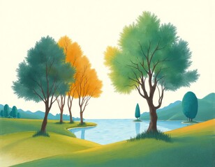 green and yellow trees with lake and hills landscape