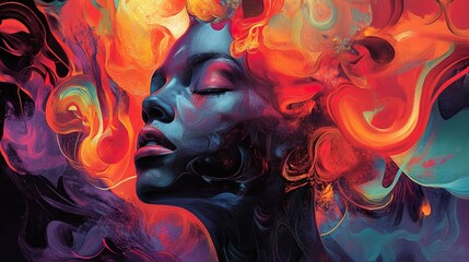 Wall Mural - Abstract Woman Portrait: Vibrant Colors and Fluid Strokes