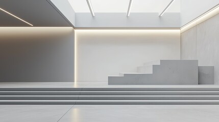 Wall Mural - Abstract interior design of modern showroom with empty white concrete floor and gray wall.