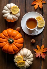 Wall Mural - Pumpkins with lemons and cup on wood table