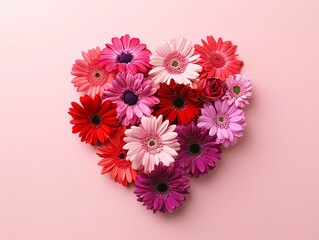 Poster - a vibrant assortment of red, pink, and purple flowers arranged in a heart-shaped design, photographe