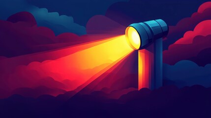 Fototapete - Abstract illustration of a powerful spotlight cutting through a dramatic cloudscape, illuminating the surrounding atmosphere with vibrant colors and a sense of mystery.