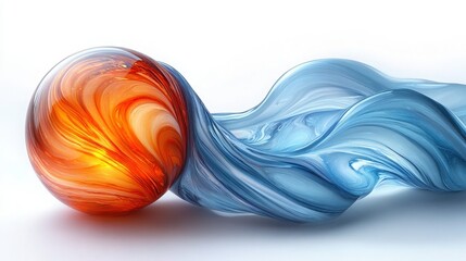 Poster - Abstract Representation of Colorful Swirling Patterns with Orange Sphere and Flowing Blue Waves Set Against a Clean White Background
