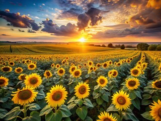 Wall Mural - Aerial Drone Shot of Vibrant Yellow Sunflower Field at Sunset