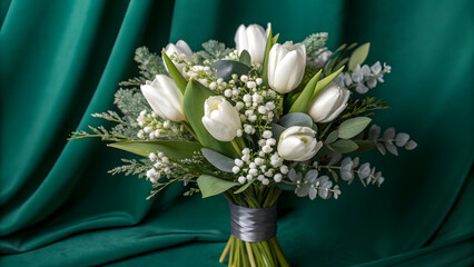 Wall Mural - White tulip bouquet on green fabric background.