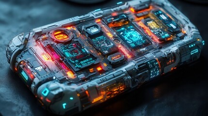 Poster - Futuristic Digital Device with Glowing Circuit Boards and Neon Lights on Dark Surface, Showcasing Advanced Technology and Innovation in Electromagnetic Design