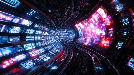 Poster - Dynamic visual journey through digital media displays futuristic tunnel video art neon environment immersive experience