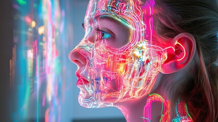 Poster - Digital portrait of a woman with neon facial patterns studio photography futuristic close-up art concept