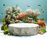 Undersea Marble Display Platform with Vibrant Coral Reef and Tropical Fish