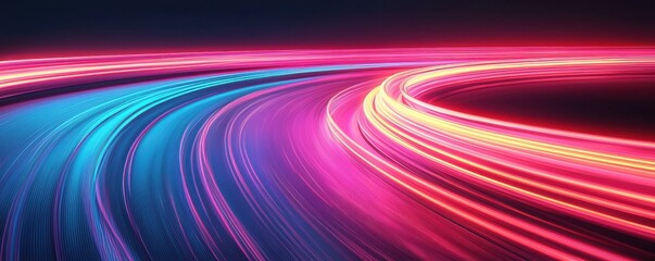 Poster - Dynamic light trails create vibrant energy on a curved road urban nightscape digital artwork abstract concept