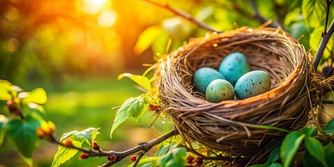 Wall Mural - Bird's Nest with Eggs and Parent Bird, Spring Nature Photography