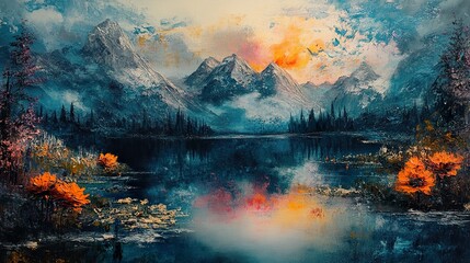 Wall Mural - Sunset Landscape: Majestic Mountains and Serene Lake