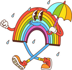 Leinwandbilder - Retro hippie groovy rainbow with umbrella under rain, vector cartoon character. Groovy rainbow with happy face and whistling melody walking under rain with umbrella for psychedelic hippie character