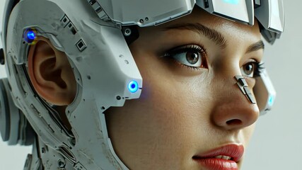 Poster - Cyborg fashion profile showcasing intricate design and futuristic features in an artistic setting, Female cyborg fashion profile close-up