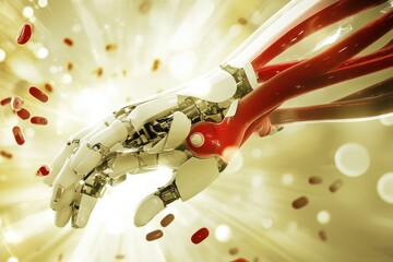 Poster - Futuristic Robotic Hand Reaching Out to Red Capsules with Glowing Background, Symbolizing the Intersection of Technology and Medicine in Healthcare Innovations