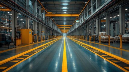 Wall Mural - Industrial Warehouse Interior Featuring Long Aisle with Yellow Lines and Overhead Cranes in a Well-Lit Manufacturing Facility