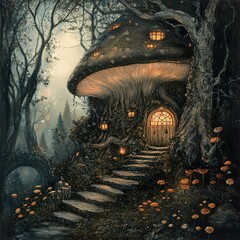 Poster - Enchanted Mushroom House in a Dark Forest