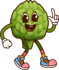 Poster - Groovy artichoke vegetable character on fitness or sport, vector retro cartoon comic. Groovy artichoke with funny face in sport shoes on workout training or fitness exercise and healthy lifestyle