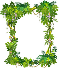 Wall Mural - jungle tropical forest liana frame with green leaves and ivy plant, vector border. rainforest liana 