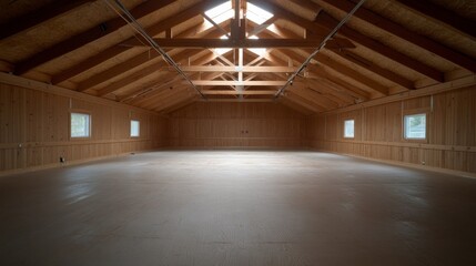Leinwandbilder - A spacious attic showcases newly installed insulation, featuring wooden beams and rafters