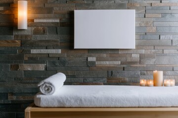 Poster - This serene spa room features natural stone walls, softly glowing candles, and an empty canvas frame, perfect for creating a tranquil atmosphere for relaxation
