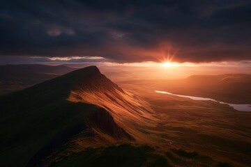Aufkleber - Tranquil mountain landscape at sunrise featuring rolling mist and soft light that creates a peaceful solitude. A perfect moment for reflection and calm