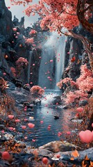 Wall Mural - Enchanted Waterfall Landscape: Dreamlike Pink Blossoms and Cascading Water