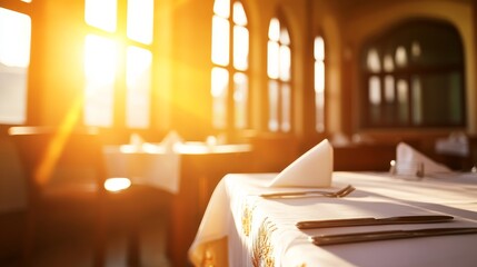 Fototapete - A luxurious dining room features a long oak table set with white linens and silverware, illuminated by warm sunlight streaming through arched windows
