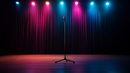 Aufkleber - An empty stage illuminated by vibrant spotlights, featuring a microphone stand at the center, a dark curtain backdrop creates a dramatic ambiance for performers