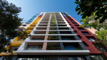 Poster - Lush plants cascade from balconies of a striking urban apartment building, creating an inviting atmosphere against a bright blue sky and colorful exterior
