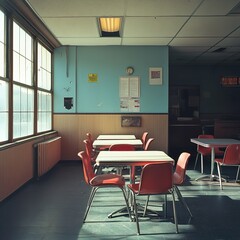 Canvas Print - Retro Diner Interior: Sunlit Vintage Room with Red Chairs