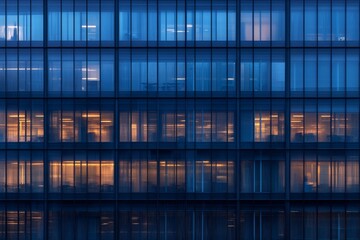 Aufkleber - A softly blurred view reveals a modern glass office building featuring blue-tinted windows that reflect urban light, showcasing a corporate aesthetic