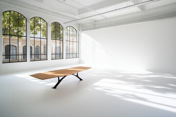 Aufkleber - Clean white kitchen features a sunlit wooden table that invites creativity, with shadows creating patterns on the walls, providing ample space for arrangements
