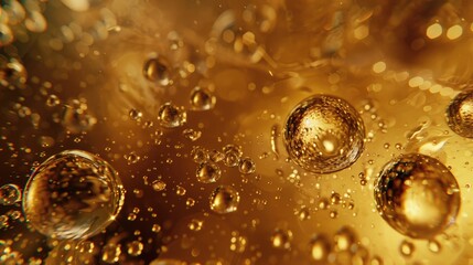 Wall Mural - Oil bubbles and drops splash, gold background of droplets merge. oil drops of gold liquid droplets of serum merging or dissolving in fluid