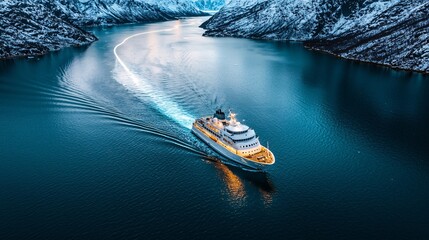 Wall Mural - Satellite Ship Tracking concept. A ship navigates through a serene, snow-capped landscape, leaving a gentle wake in a tranquil blue fjord.