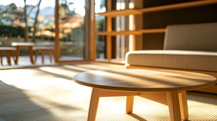 Aufkleber - This Japandi-style living room showcases a soft beige couch and light wooden furniture illuminated by warm natural light