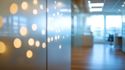 Poster - Sleek office space features glass partitions softened by dreamy lights, enhancing the contemporary design and inviting a productive environment for teamwork