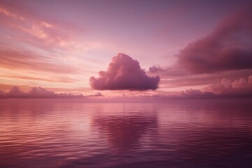 Aufkleber - A fluffy cloud floats in a vibrant sunset sky, with soft pink and golden hues blending into a deep purple horizon, creating a surreal and tranquil atmosphere