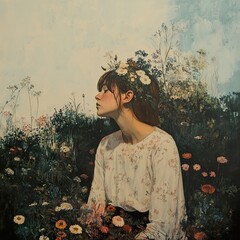 Poster - Woman in Flower Crown, Romantic Nature Portrait