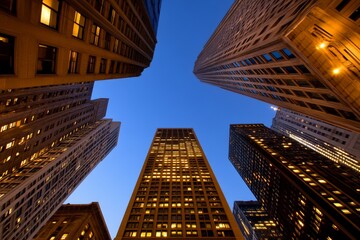 Poster - Twilight casts a glow over towering skyscrapers in a bustling financial district, with bright office lights and a stock market graph enhancing the lively atmosphere