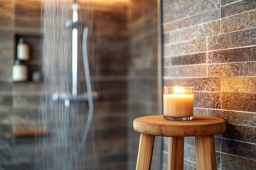 Poster - This tranquil bathroom showcases a lit candle on a wooden stool, natural stone walls, and a rain showerhead, creating a serene spa-like atmosphere