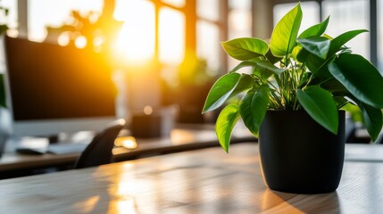 Leinwandbilder - Sunlight pours into a modern office with an open-plan design, showcasing sleek desks and vibrant plants that promote a welcoming work environment