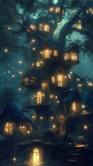 Canvas Print - Enchanted Treehouse Village at Night: A Magical Fantasy Scene