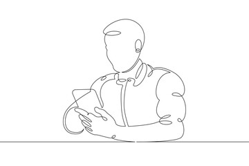 Poster - A young man sits with a phone smartphone tablet in his hands. Communication on the Internet. One continuous drawing line, logo single hand drawn art doodle isolated minimal illustration.