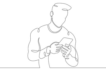 Poster - A young man sits with a phone smartphone tablet in his hands. Communication on the Internet. One continuous drawing line, logo single hand drawn art doodle isolated minimal illustration.