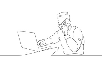 Poster - A young man sits with a phone smartphone tablet in his hands. Communication on the Internet. One continuous drawing line, logo single hand drawn art doodle isolated minimal illustration.