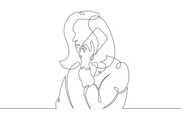 Poster - Young woman sits with a phone smartphone tablet in her hands. Communication on the Internet.One continuous drawing line, logo single hand drawn art doodle isolated minimal illustration.